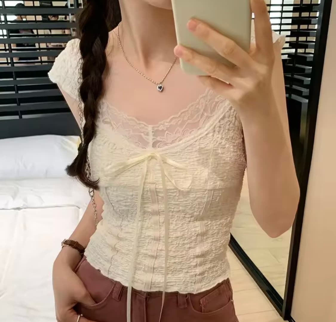 아이보리 레이스 리본 블라우스 반팔 탑 상품이미지2