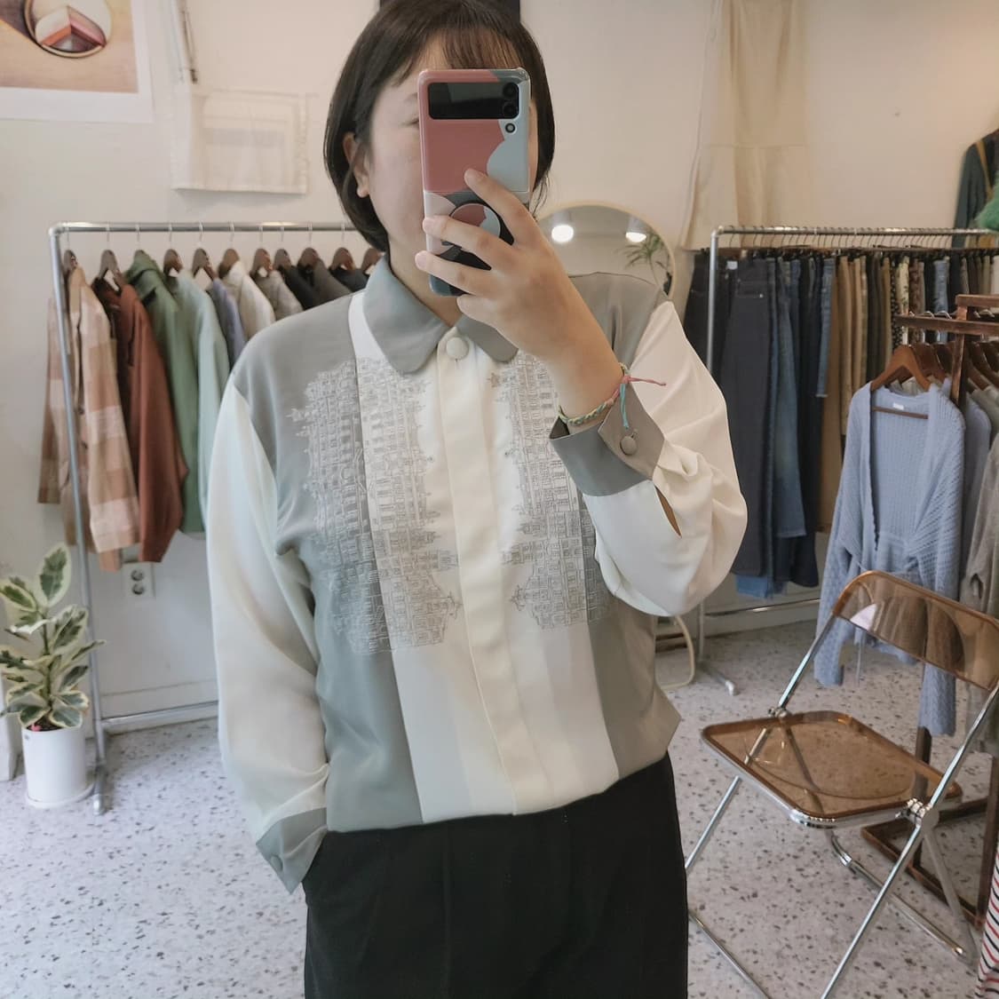 올리브화이트 배색 실키셔츠(made in Japan) 상품이미지9