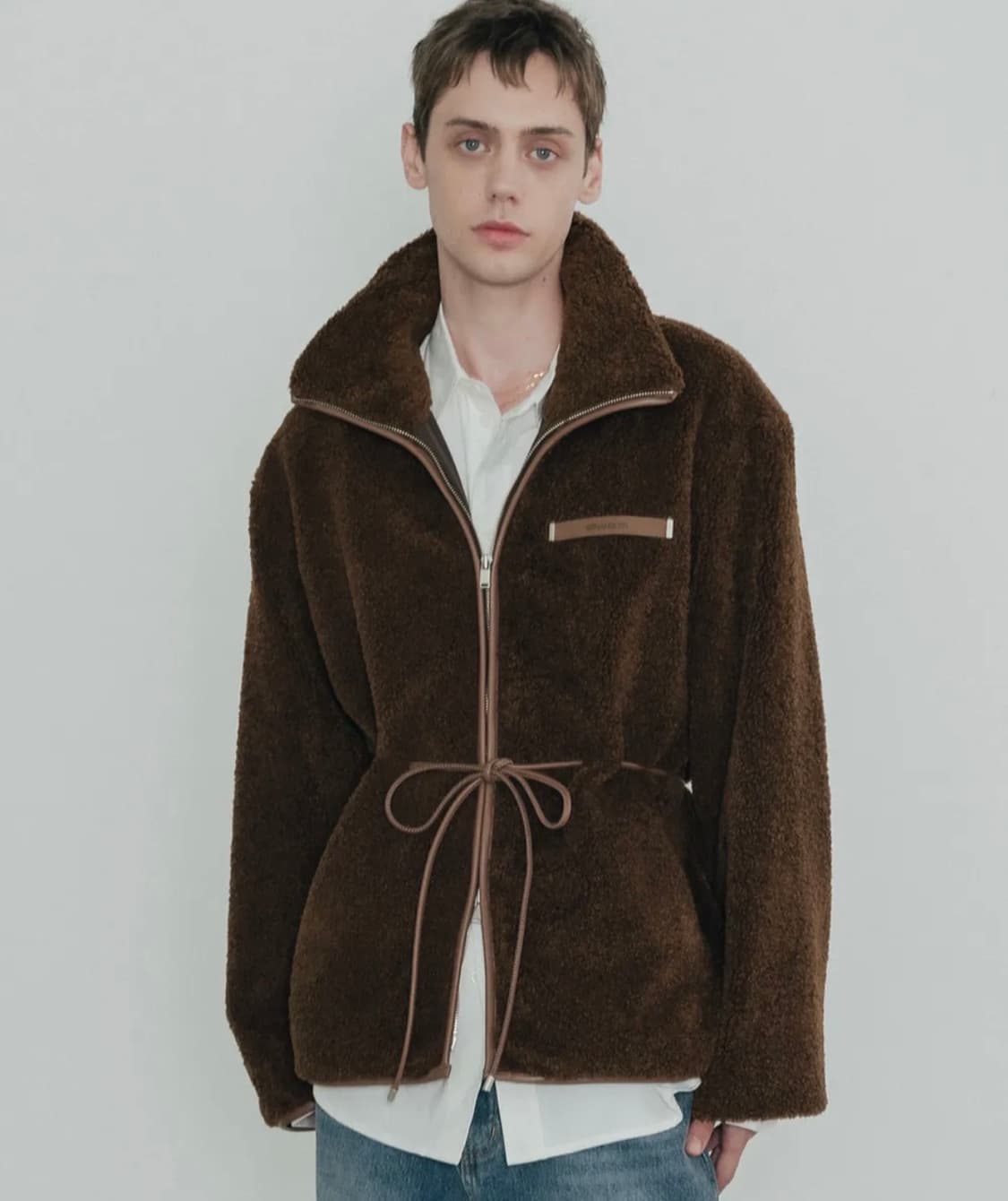 신앤리 하이넥 레더 벨트 플리스 자켓 브라운 상품이미지1