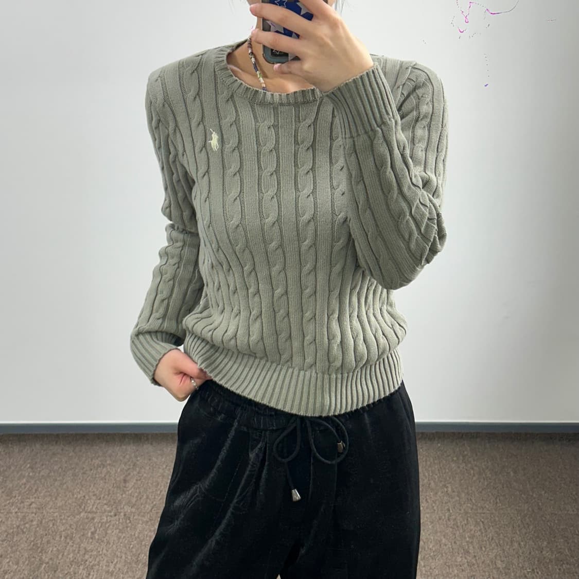 Polo 폴로 아이보리 포니 라이트 카키 케이블 니트 상품이미지2