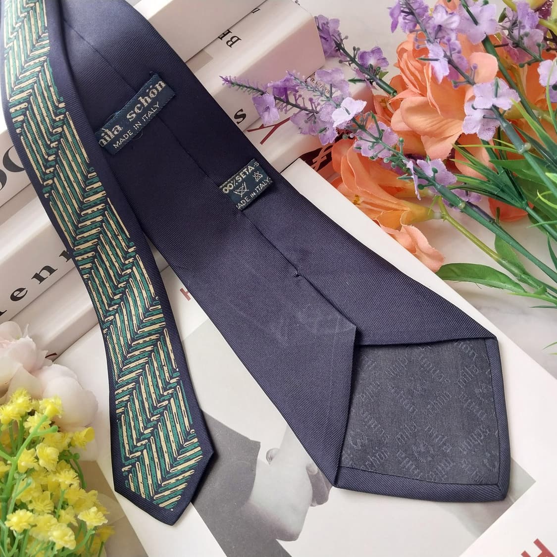 밀라숀 실크 네이비&그린 헤링본 패턴 넥타이 8.5cm A등급 K1279 상품이미지5