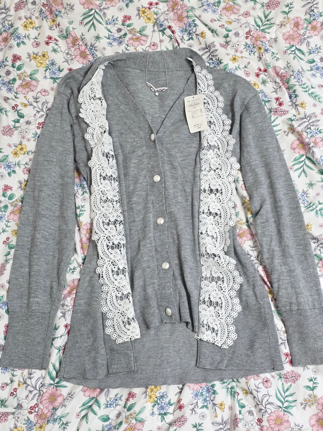 일본빈티지)보헤미안 하구미모리걸st 로맨틱 레이스 레이어드 그레이 가디건 상품이미지1