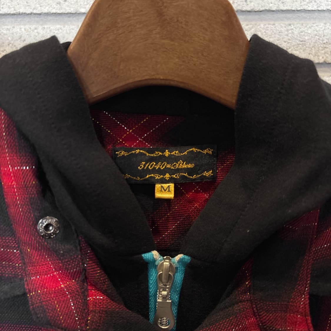 JPN VINTAGE 후드 레이어드 셔츠자켓 퍼팔로체크 펄 디테일 레드 상품이미지6