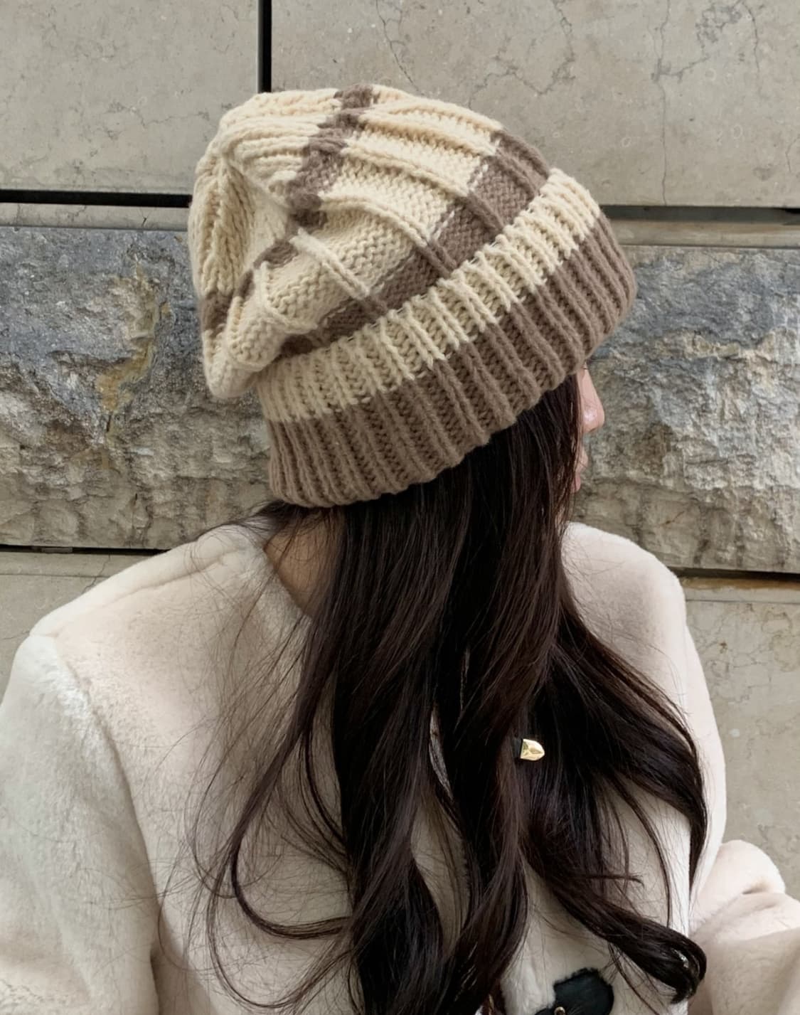 줄무늬 왕골지 배색 니트 비니 모자 (새상품) 상품이미지6