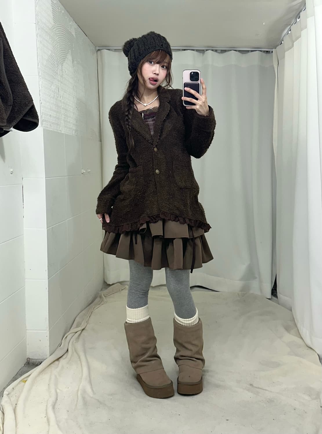 액시즈팜 초코브라운 레이스 블레이저 니혼진 코디세트 상품이미지2