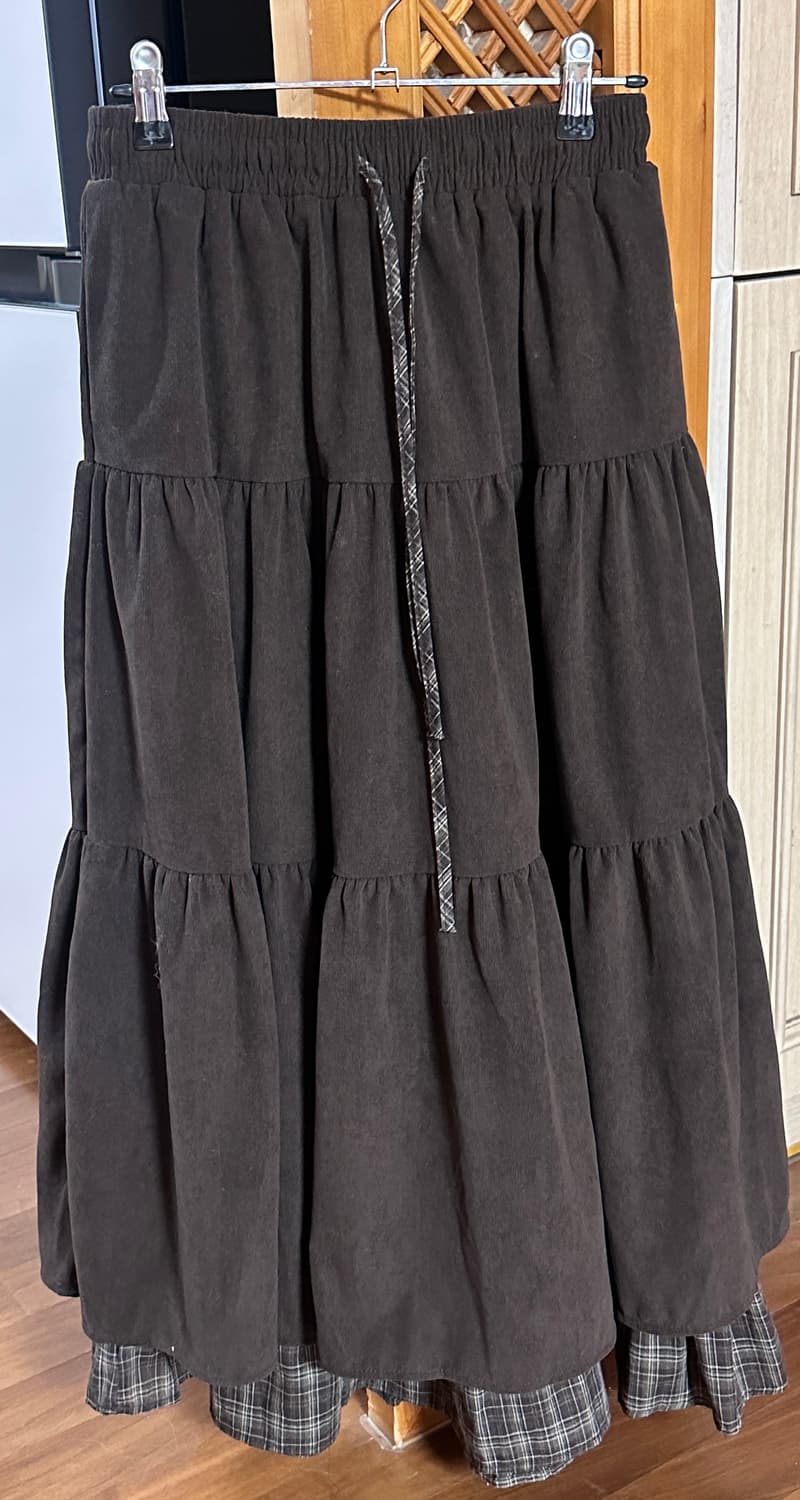 체크 레이어드 코듀로이 롱 스커트 브라운 상품이미지2