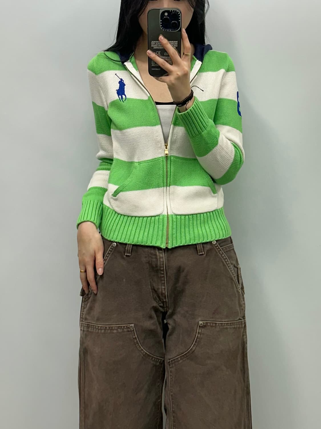 폴로 랄프 로렌 그린 스트라이프 니트 후드 집업 가디건 상품이미지1