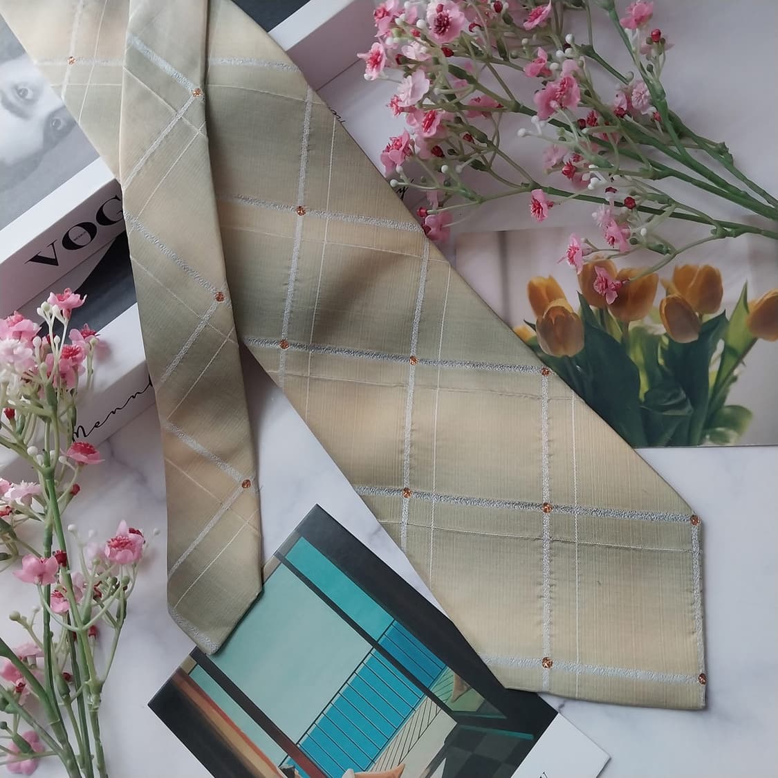 발망 실크 베이지 체크 큐빅 넥타이 9.5cm A등급 K1580
 상품이미지4