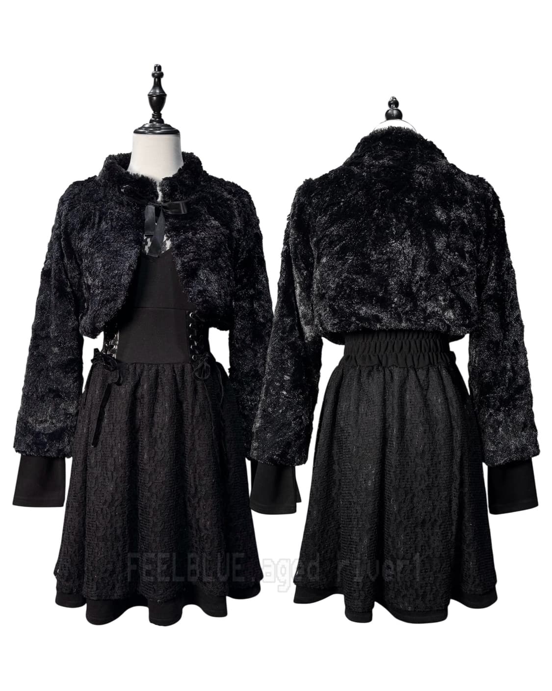 Black Fur Crop Jacket, Corset Lace Dress 상품이미지2