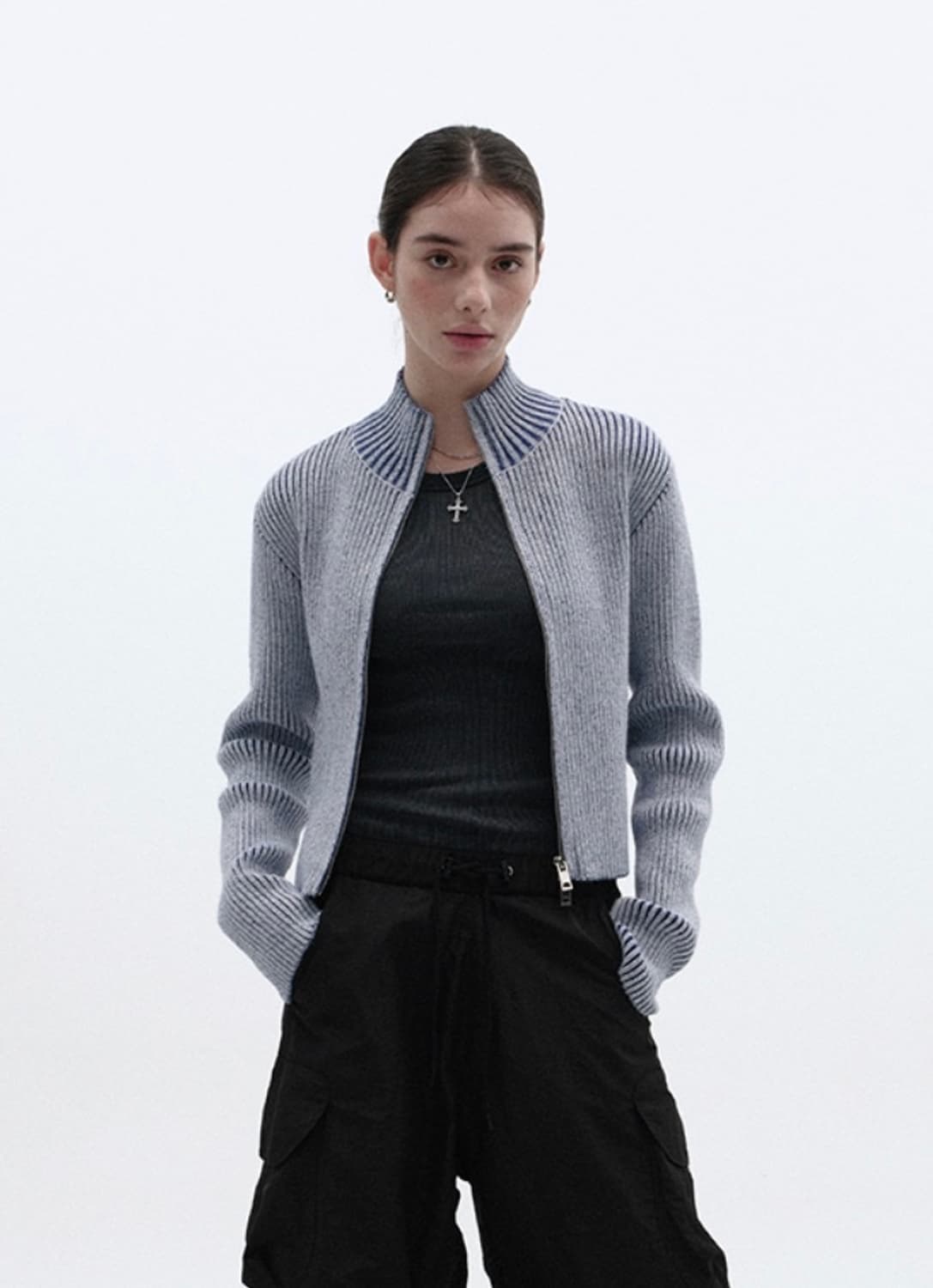 SUADE FANCY CROP KNIT ZIP UP, BLUE 상품이미지2