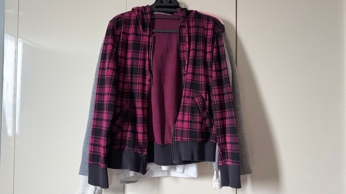 핑크 검정 체크 후드집업 상품이미지2