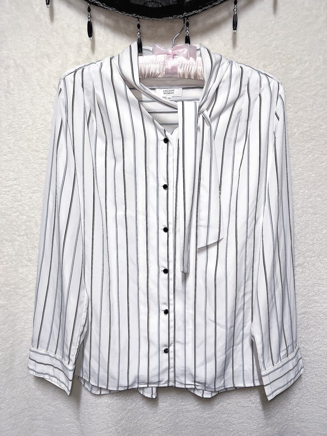 로맨틱갸루 스트라이프 타이 블라우스 셔츠 로걀탑 긱시크 프레피 오피스 상품이미지7