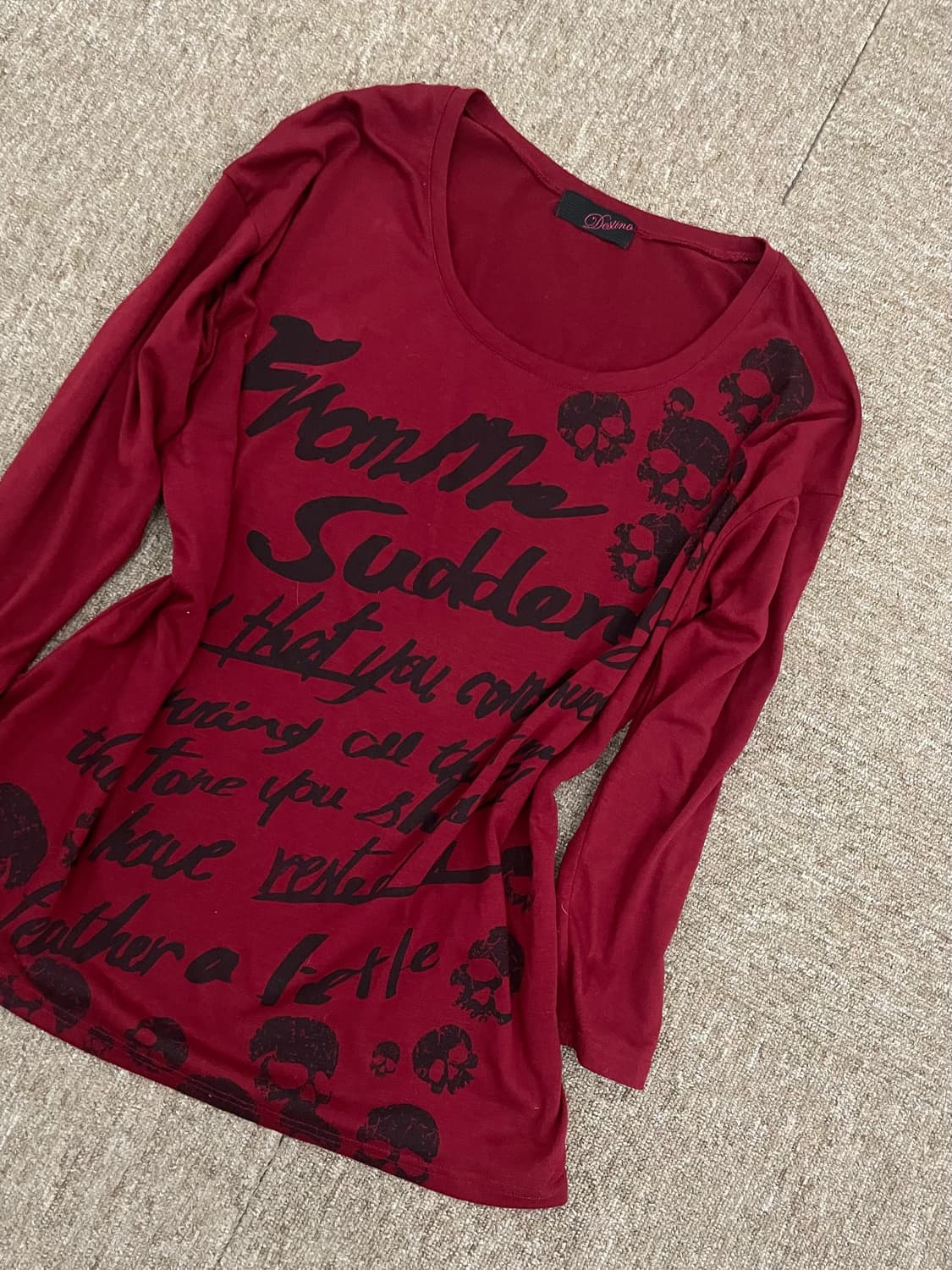 punk skull printing Red U-neck T-shirt 상품이미지4