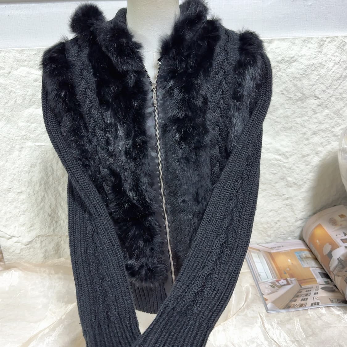 빈티지 블랙 토끼털 꽈배기 니트자켓 후드집업 상품이미지3