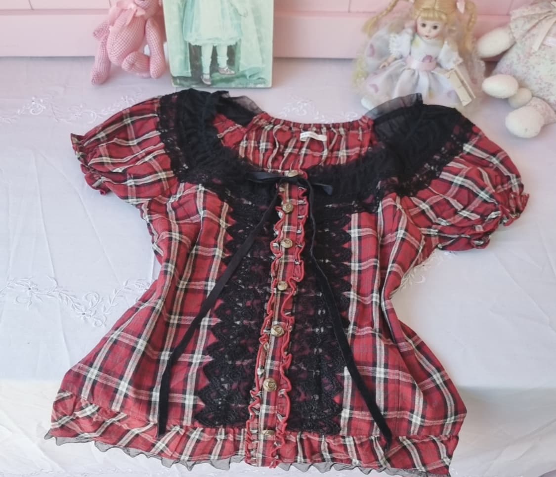 엑시즈팜(axes femme) 레드 체크 레이스 블라우스 상품이미지1