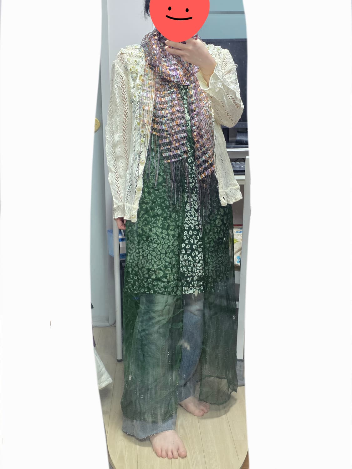 일본빈티지)오리엔탈 에스닉 히피모리걸st 쉬폰 레이어드롱슬리브리스원피스 상품이미지3