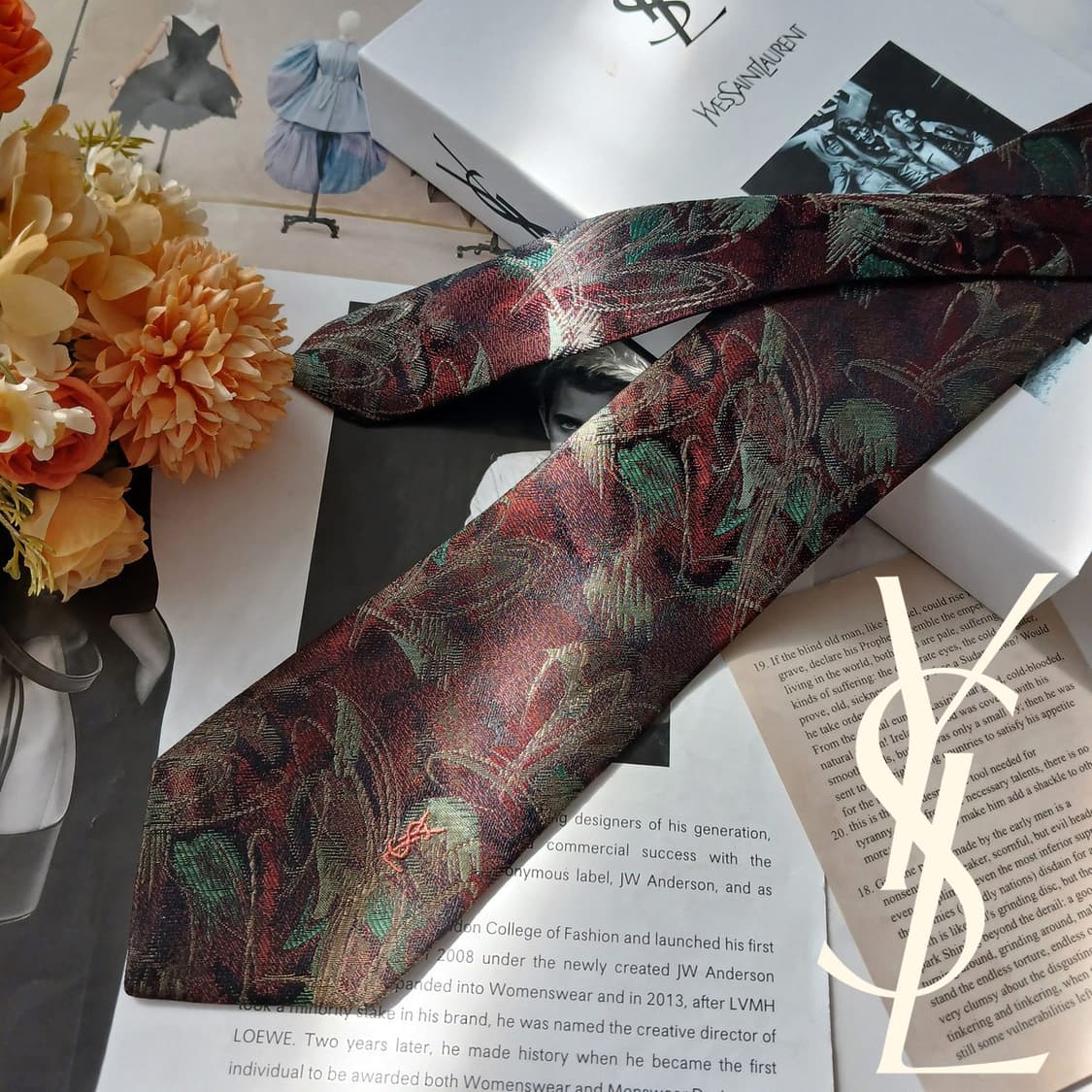 입생로랑 실크 브라운 자카드 패턴 넥타이 8.8cm B등급 E852 상품이미지1