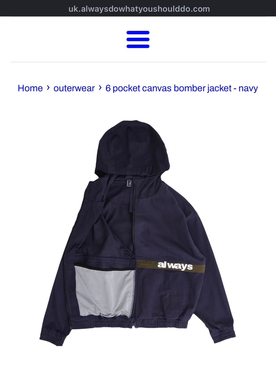 Always 캔버스 후드 봄버 네이비(L) 상품이미지2