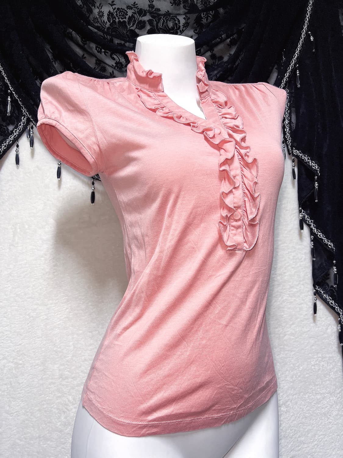 코랄핑크 프릴 반팔 블라우스 로걀탑 로맨틱갸루 히메 러블리 너드 모리 상품이미지1