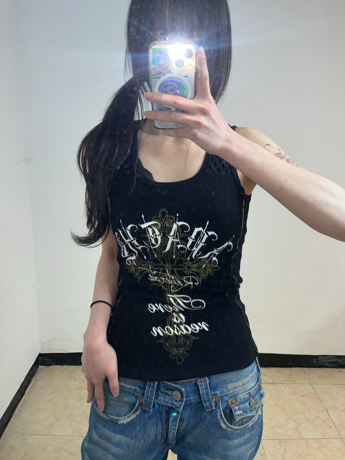 펑크 프린팅 메쉬 포인트 슬리브리스 상품이미지4