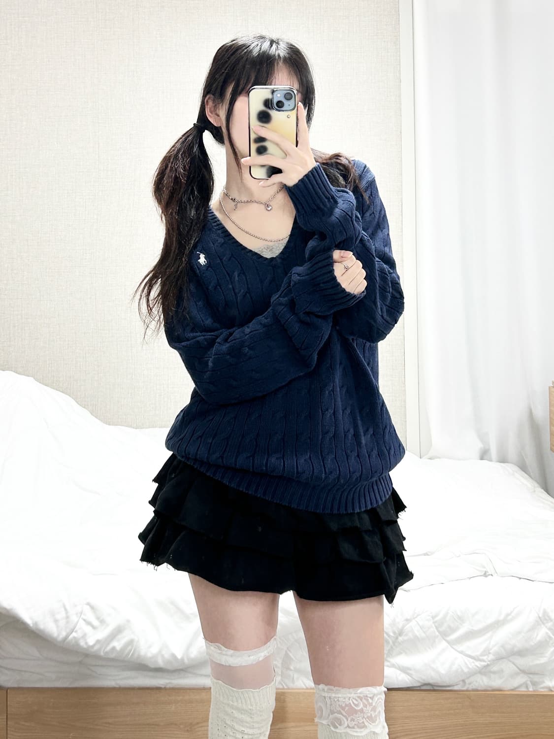 폴로 화이트포니 네이비 브이넥 케이블 니트 상품이미지5