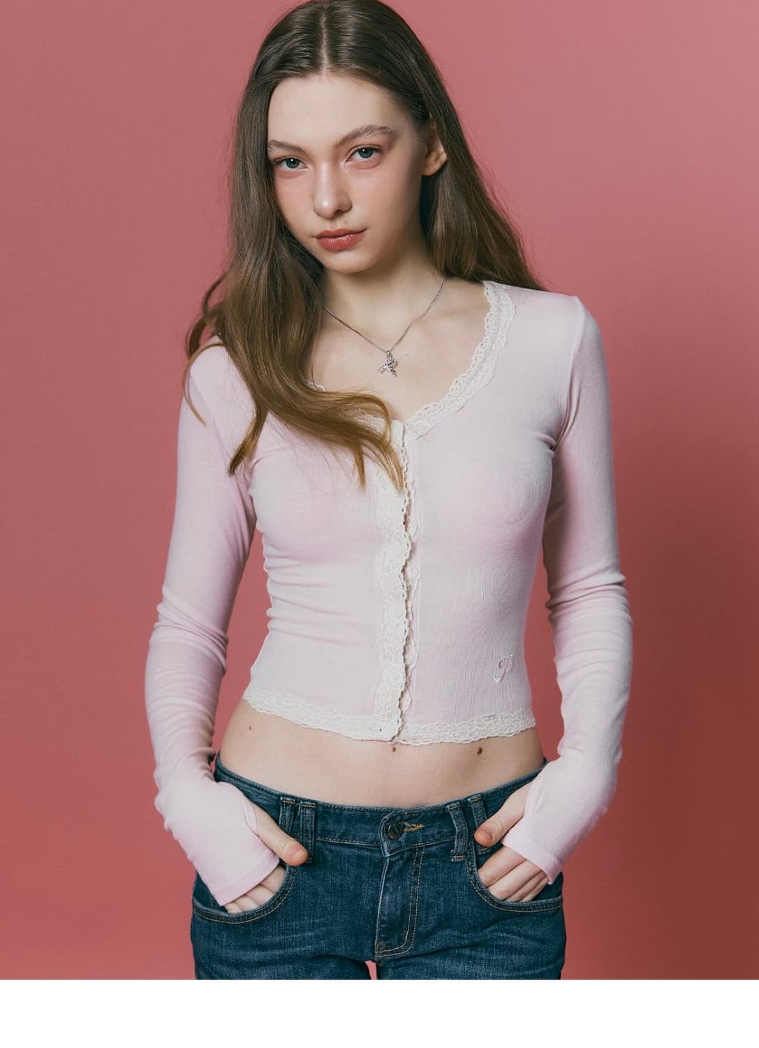 플리즈노팔로우 밀라 레이스 롱슬리브 탑 베이비핑크 상품이미지1