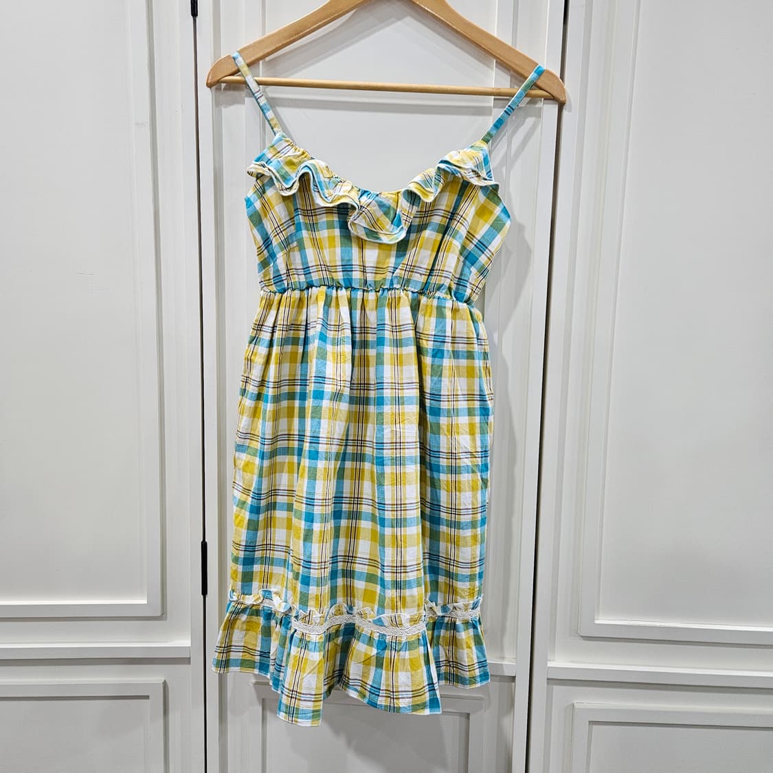 옐로우/블루 체크 끈 원피스 상품이미지1