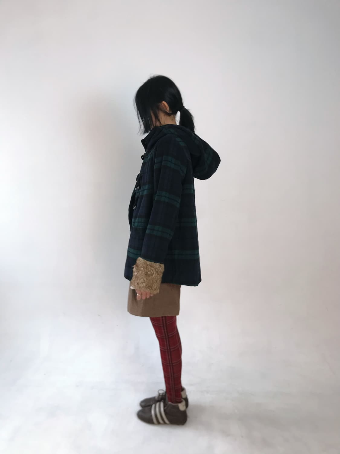 Green-check fur sleeve duffel coat 상품이미지7