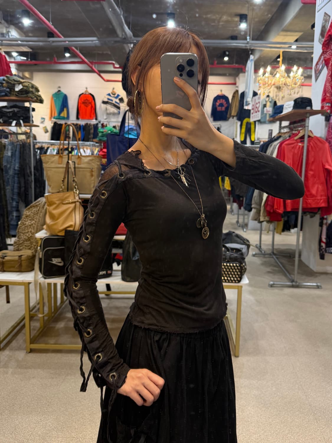 빈티지 사이드 레이스 디테일 시스루 긴팔 티셔츠 상품이미지3
