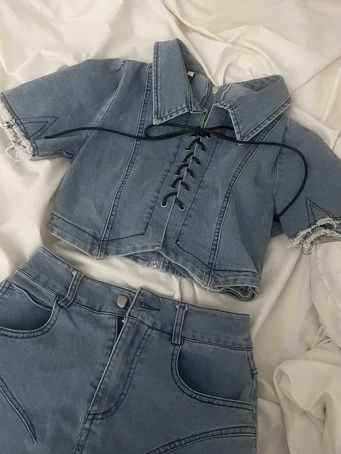 일본 빈티지 리본 코르셋 청청 세트 상품이미지1