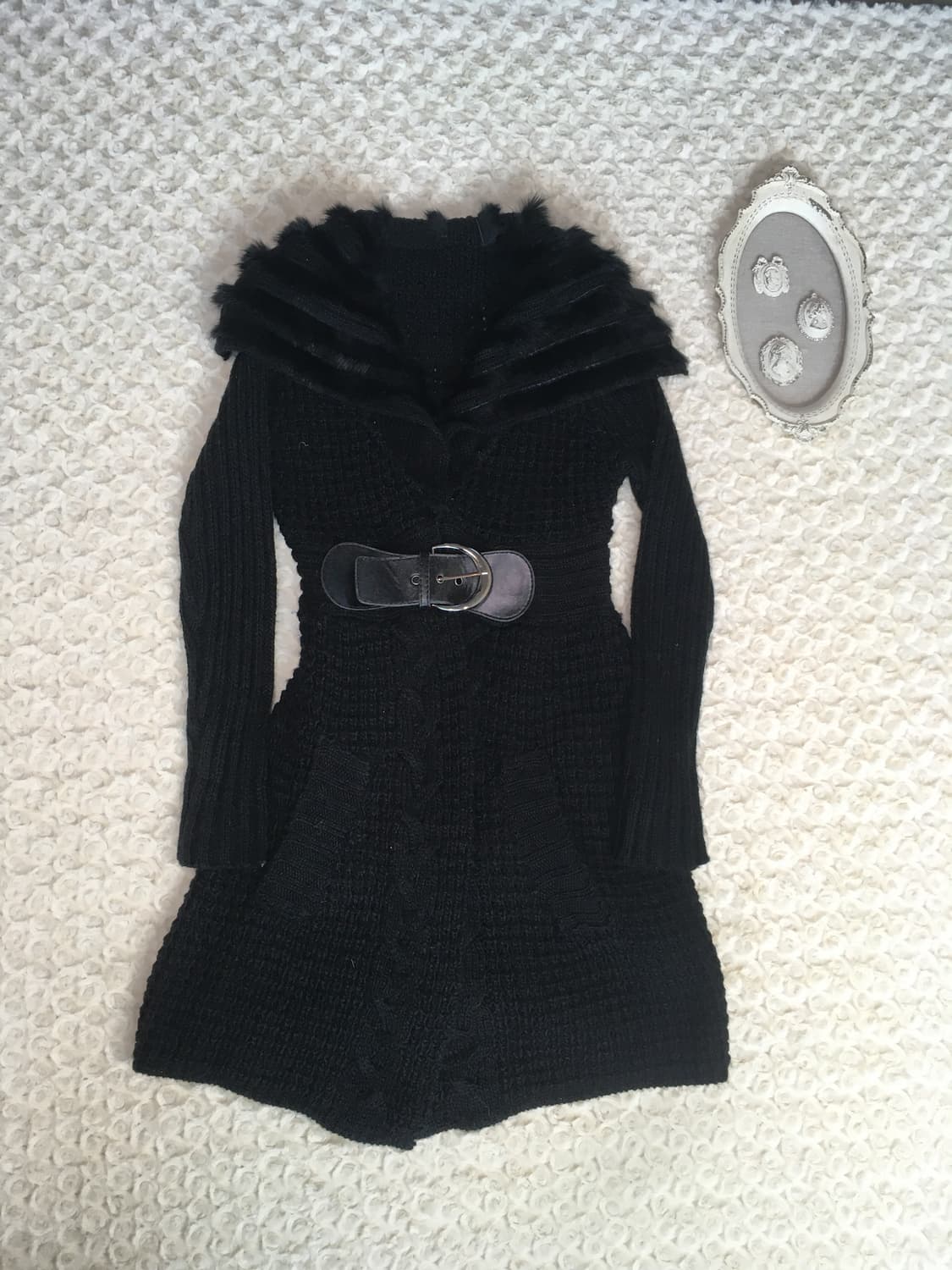 일본빈티지 블랙 퍼 카라 벨티드 가디건 상품이미지6