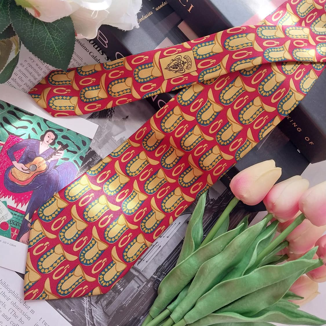 구찌 레드 승마 모티브 패턴 넥타이 9.2cm A+~A등급 K2469 상품이미지3