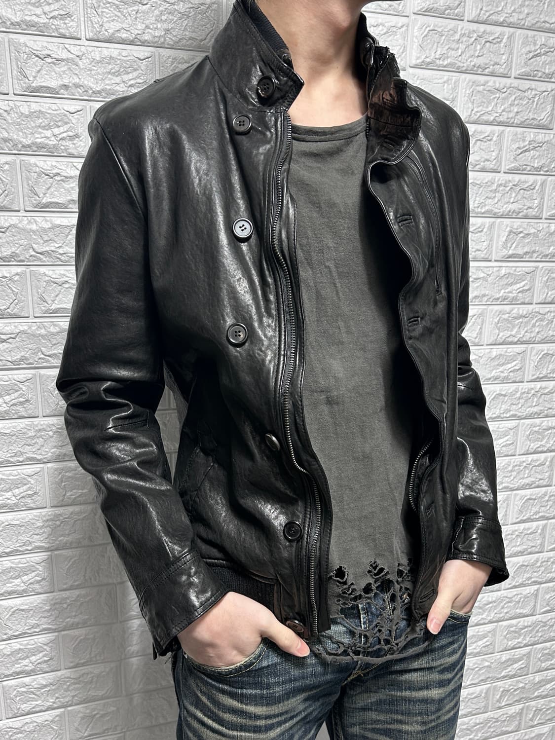 Tate 아티잔 무드  더블 넥 레더 자켓 상품이미지5