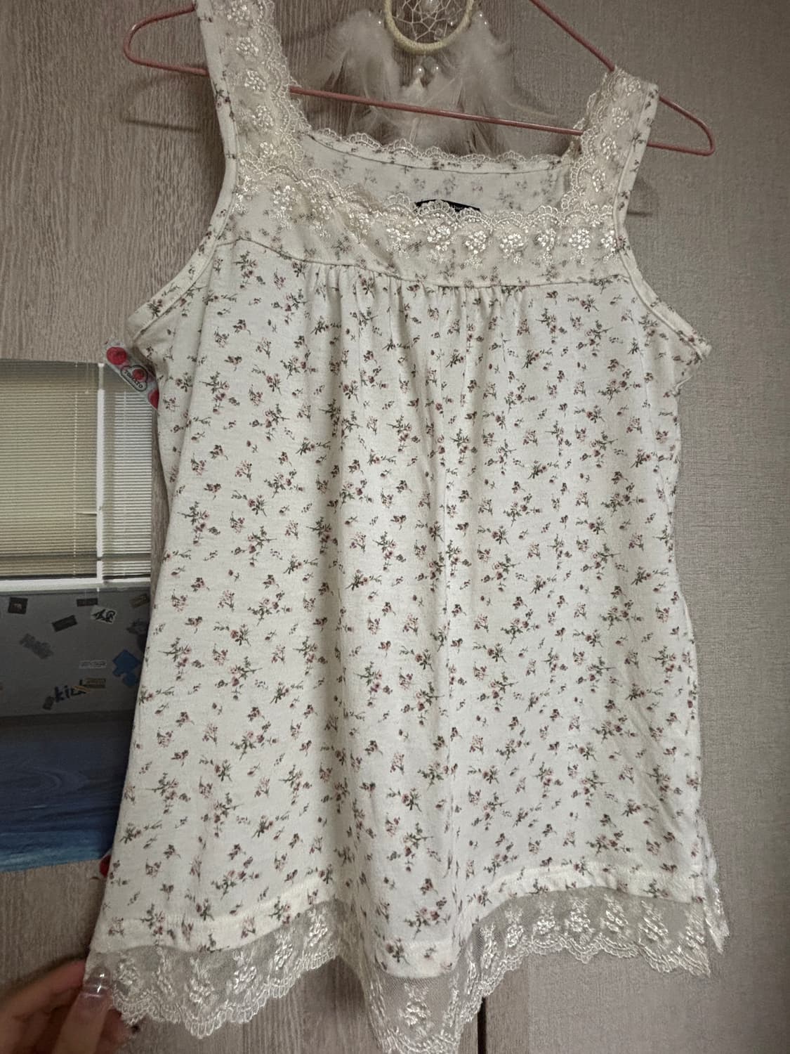 요조 빈티지 Comfort basic 우유 잔꽃 레이스 슬리브리스 나시 상품이미지2