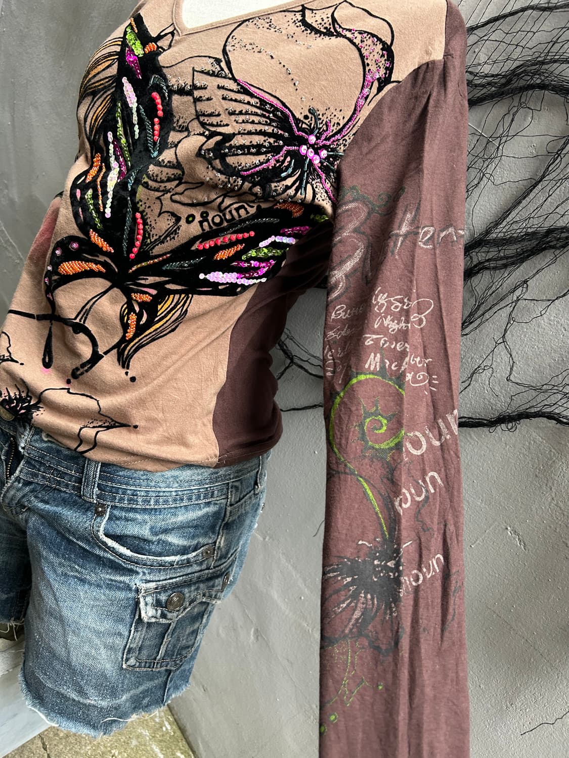 *rare* Jpn 00s 오리엔탈 브라운 큐빅&프린팅 롱슬리브 상품이미지2