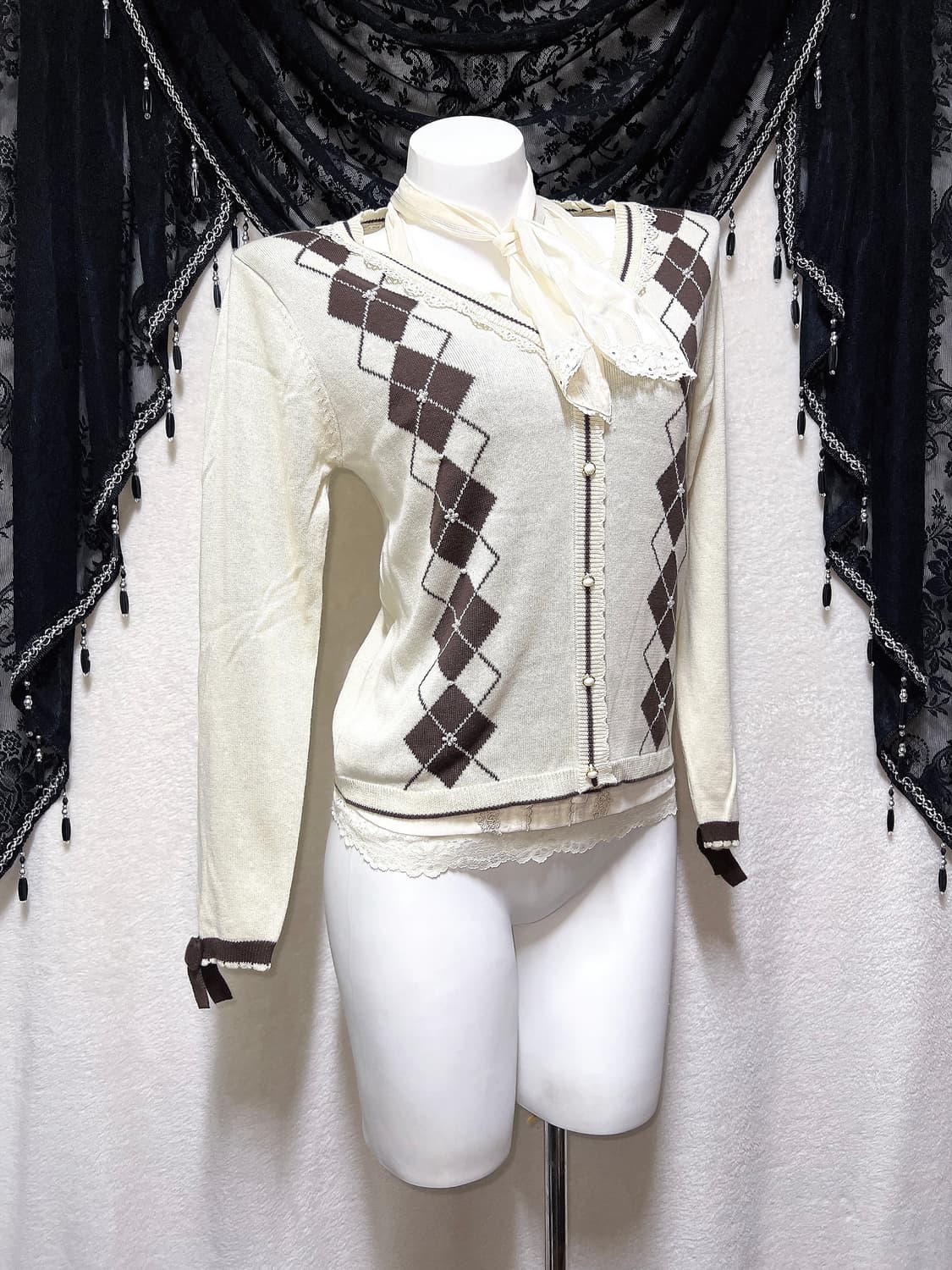 엑시즈팜 아가일 레이스 진주 리본 라떼갸루 로걀탑 니트 러블리 핀터 모리 상품이미지3