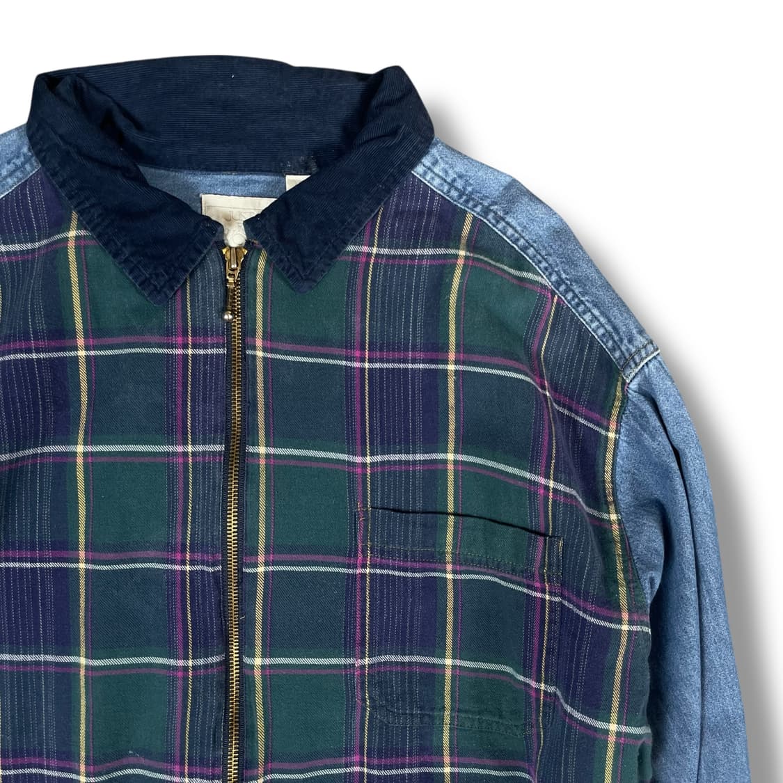 JUST FOR 코듀로이 카라 타탄체크 코튼 청 데님 셔츠  상품이미지3