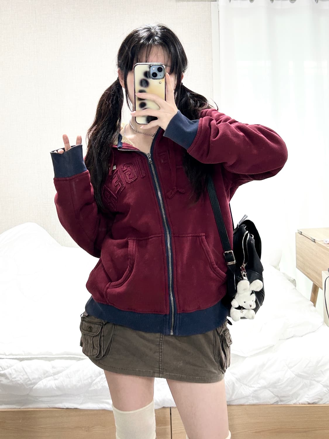 타미힐피거 빅로고 버건디 양털 후드집업 상품이미지4