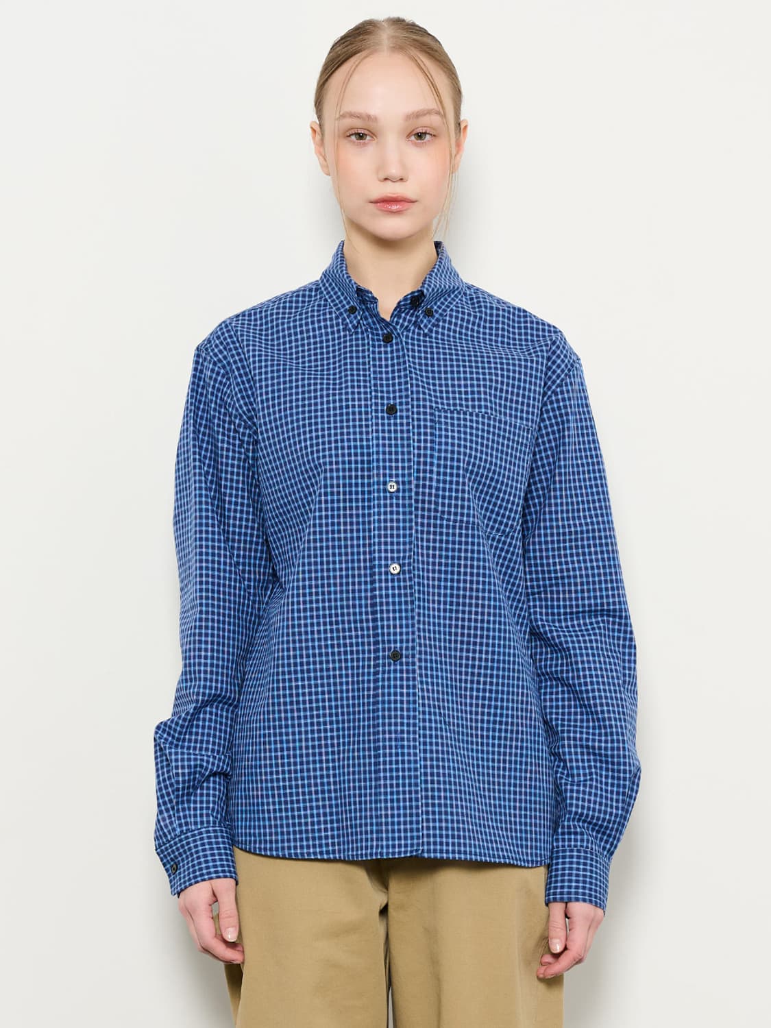 채이 클래식 코튼 체크 셔츠 블루 상품이미지1
