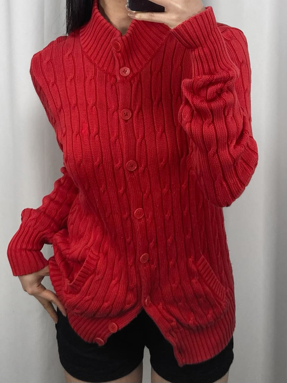 폴로 레드 꽈배기 카라 니트 가디건 상품이미지1