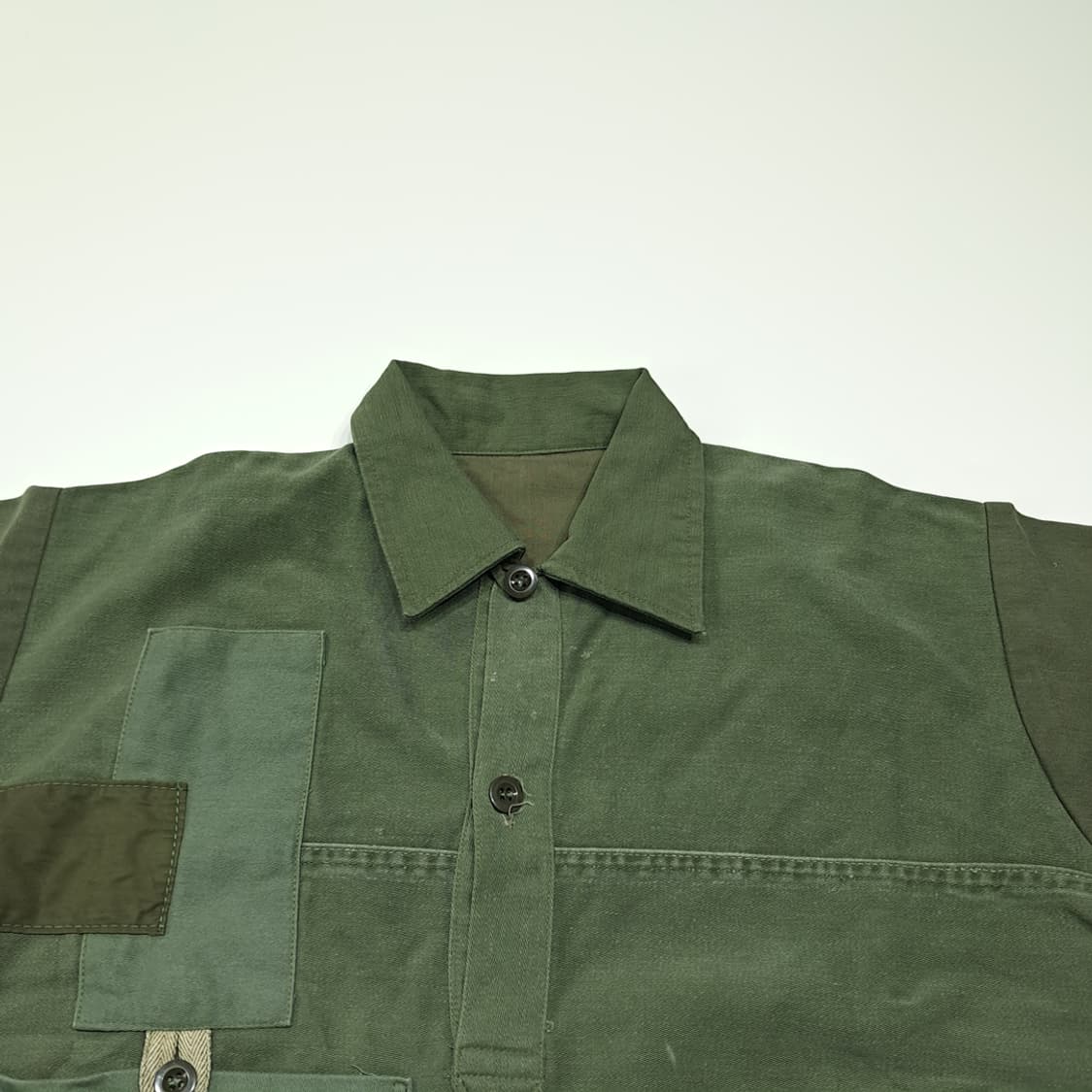 CK036 L 일본빈티지 바잉 패치워크 올리브 팝오버 반팔 셔츠 남방 상품이미지2