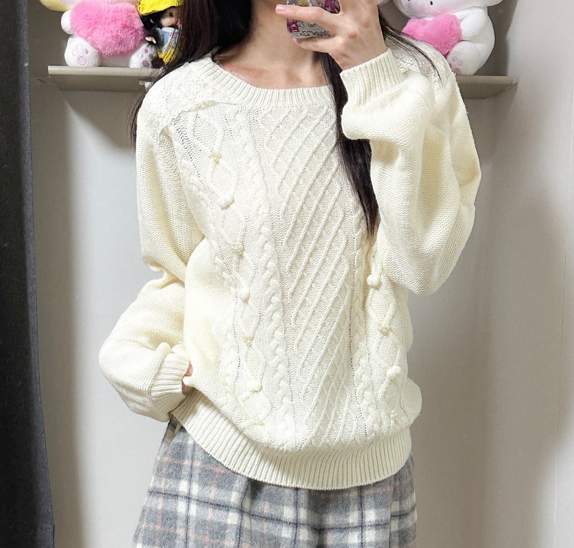 빈티지 화이트 폼폼이 진주 니트 티셔츠 히메갸루 로걀 모리걸 리즈리사깔 상품이미지1