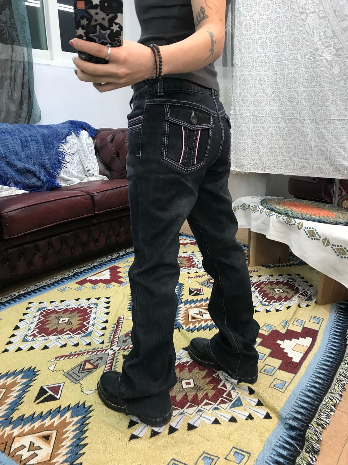 빈티지 핑크 스티치 스판 흑청 부츠컷 데님팬츠  상품이미지2