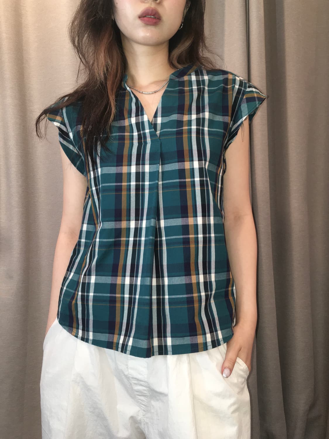 일본빈티지 민트 체크블라우스 상품이미지3