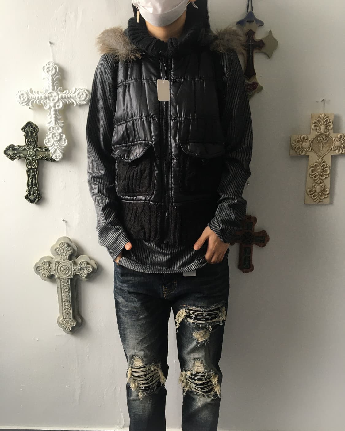 Fake fur hood high neck vest 상품이미지6