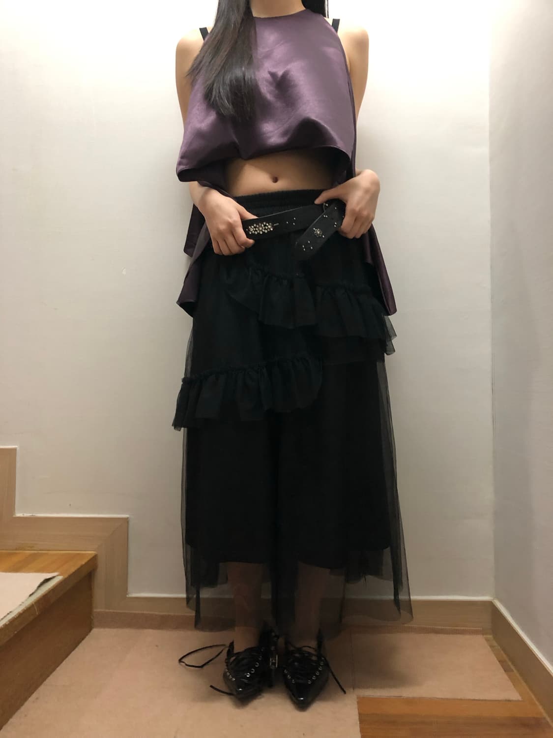 빈티지 블랙 레이스 러플 롱 스커트 상품이미지4