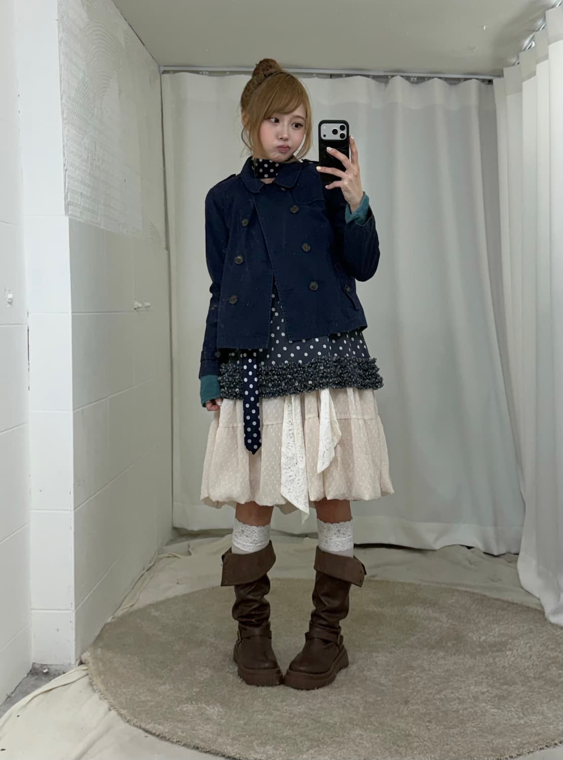 네이비 숏트렌치 청록 니혼진 도트 코디세트 상품이미지1