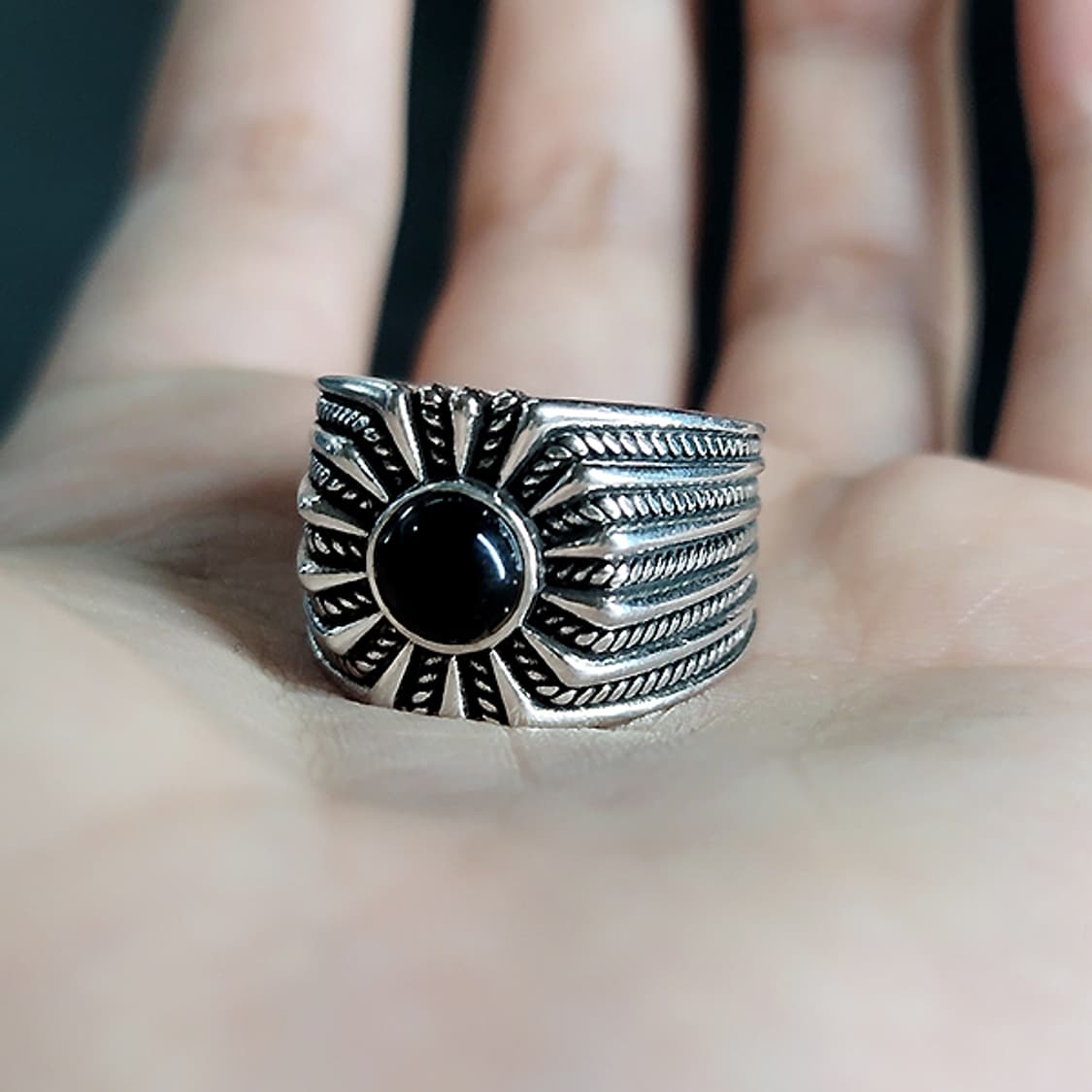 Helior 백동 빅사이즈 남자 엔틱 빈티지 그림자 태양 방패 반지 상품이미지4