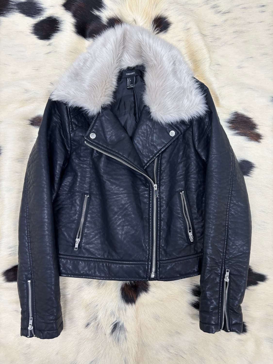 White Fur Trimming Black Chic Leather Ja 상품이미지1