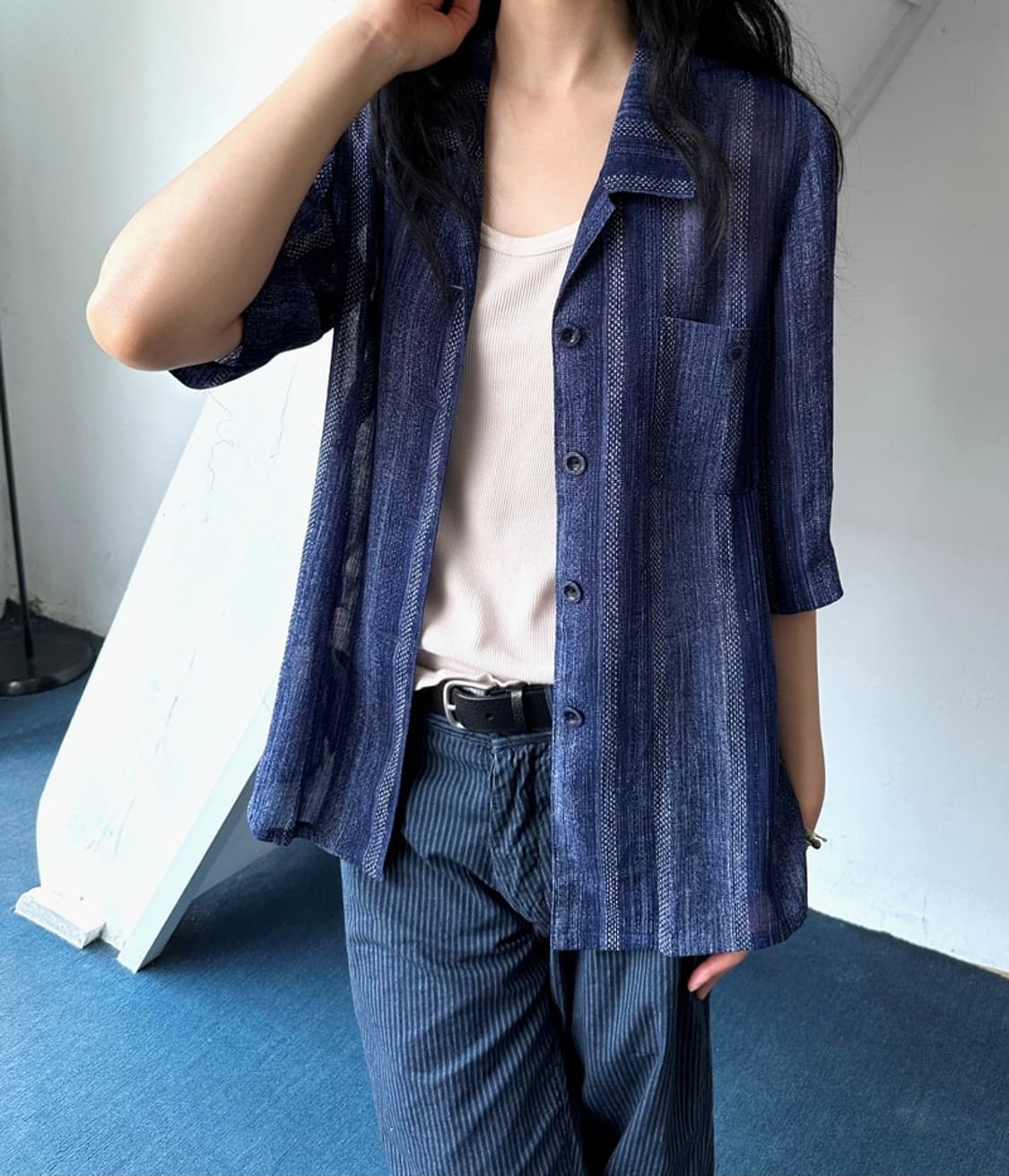 Irregularity pattern open collar H/S shi 상품이미지2